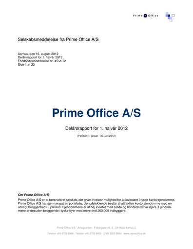 Thumbnail Prime Office A/S Half-year Report 2012-h1