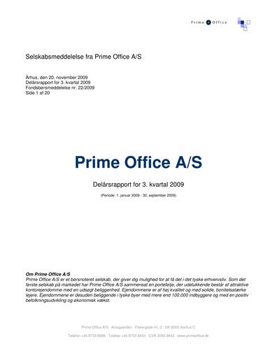 Thumbnail Prime Office A/S Quarterly Report 2009-q3