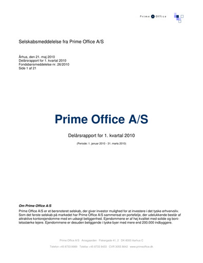 Thumbnail Prime Office A/S Quarterly Report 2010-q1