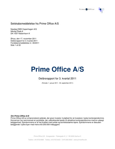 Thumbnail Prime Office A/S Quarterly Report 2011-q3