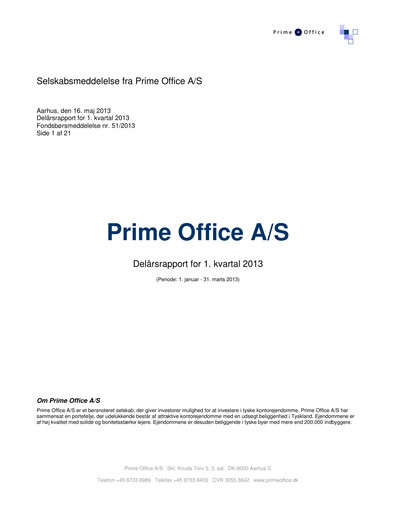 Thumbnail Prime Office A/S Quarterly Report 2013-q1