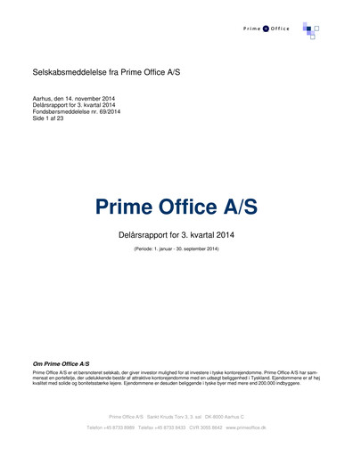Thumbnail Prime Office A/S Quarterly Report 2014-q3
