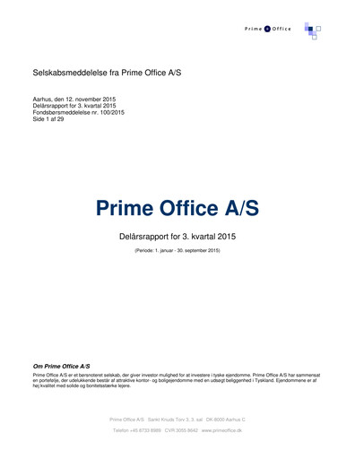 Thumbnail Prime Office A/S Quarterly Report 2015-q3