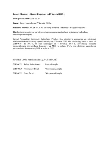 Thumbnail Pekabex Quarterly Report 2015-q4