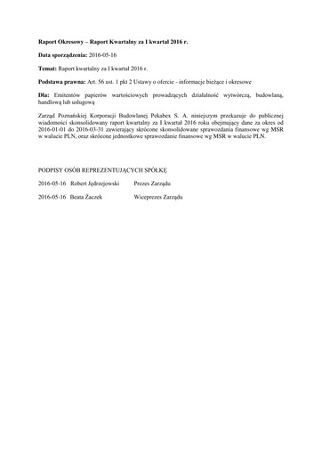 Thumbnail Pekabex Quarterly Report 2016-q1