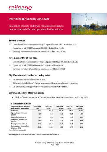 Thumbnail Railcare Group AB Half-year Report 2021-h1