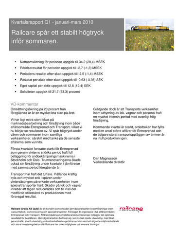 Thumbnail Railcare Group AB Quarterly Report 2010-q1