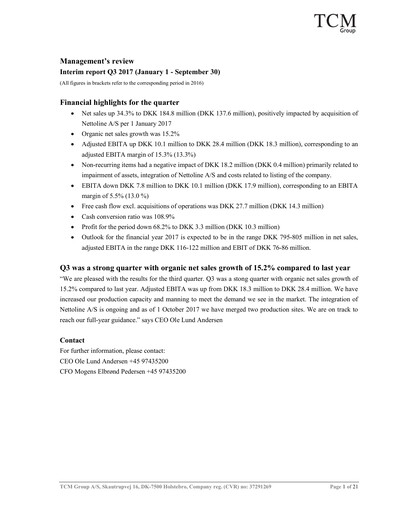 Vorschaubild TCM Group A/S Quartalsbericht 2017-q3