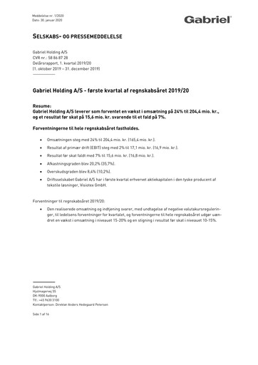 Miniature Gabriel Holding A/S Rapport trimestriel 2019-q1