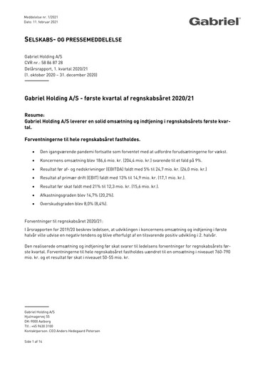 Miniature Gabriel Holding A/S Rapport trimestriel 2020-q1