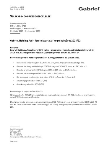 Miniature Gabriel Holding A/S Rapport trimestriel 2021-q1