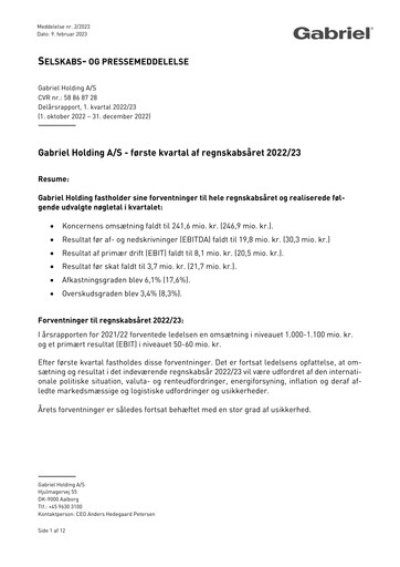Miniature Gabriel Holding A/S Rapport trimestriel 2022-q1