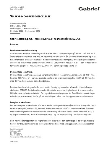 Miniature Gabriel Holding A/S Rapport trimestriel 2024-q1