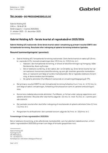 Miniature Gabriel Holding A/S Rapport trimestriel 2025-q1