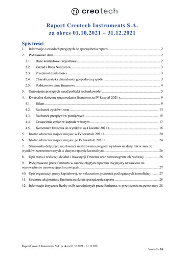 Miniature Creotech Instruments Rapport trimestriel 2021-q4