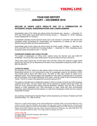 Thumbnail Viking Line Abp Financial Statement 2016