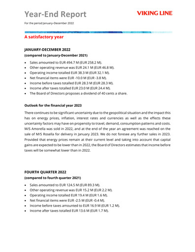 Thumbnail Viking Line Abp Financial Statement 2022