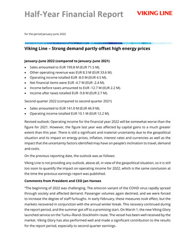 Thumbnail Viking Line Abp Half-year Report 2022