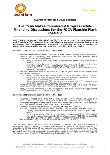 Vorschaubild Avantium N.V. Halbjahresbericht 2021-h1