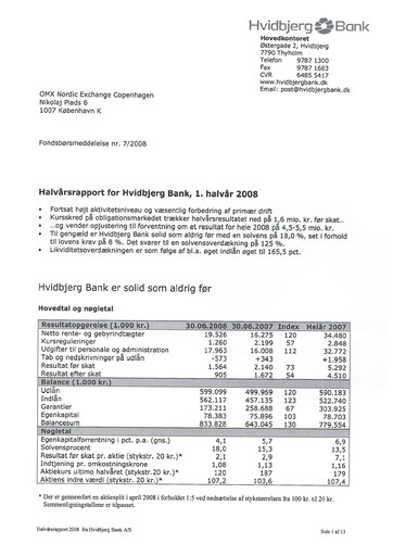 Thumbnail Hvidbjerg Bank Half-year Report 2008-h1