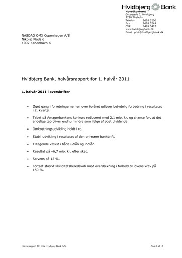 Thumbnail Hvidbjerg Bank Half-year Report 2011-h1