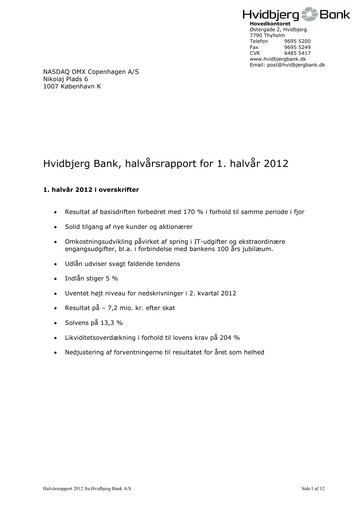 Thumbnail Hvidbjerg Bank Half-year Report 2012-h1