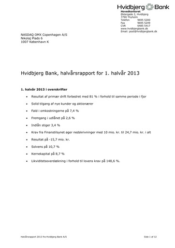 Thumbnail Hvidbjerg Bank Half-year Report 2013-h1