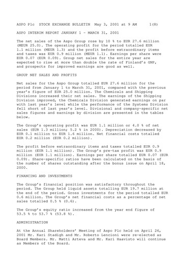 Thumbnail Aspo Oyj Quarterly Report 2001-q1