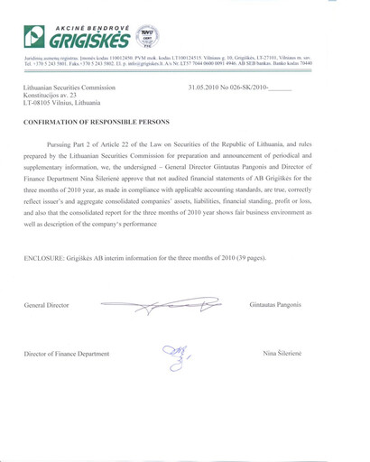 Miniature Grigeo AB Rapport trimestriel 2010-q1