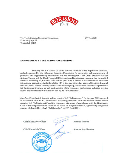 Thumbnail Rokiskio Suris AB Annual Report 2010