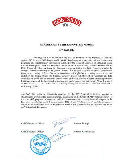 Thumbnail Rokiskio Suris AB Annual Report 2012