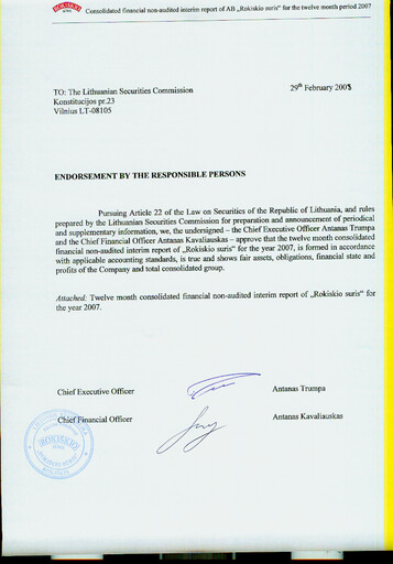 Thumbnail Rokiskio Suris AB Financial Report 2007