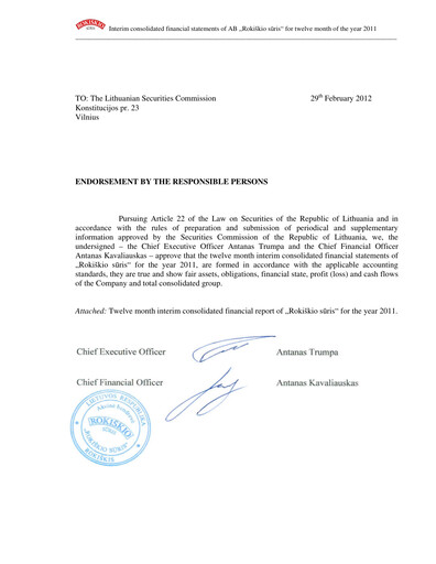 Thumbnail Rokiskio Suris AB Financial Report 2011