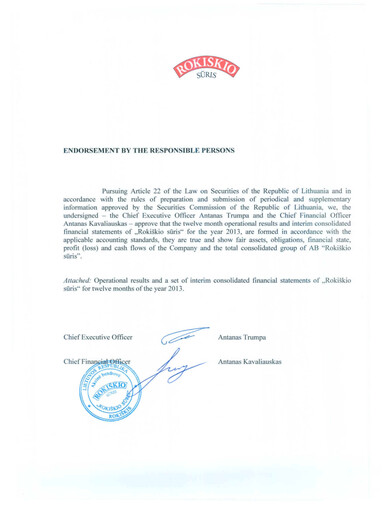 Thumbnail Rokiskio Suris AB Financial Report 2013