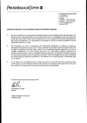 Thumbnail Rokiskio Suris AB Financial Statement 2003