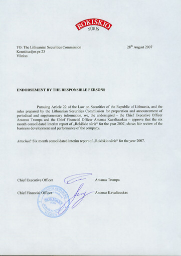 Thumbnail Rokiskio Suris AB Half-year Report 2007-h1