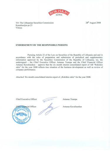 Thumbnail Rokiskio Suris AB Half-year Report 2008-h1