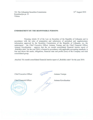 Thumbnail Rokiskio Suris AB Half-year Report 2010-h1