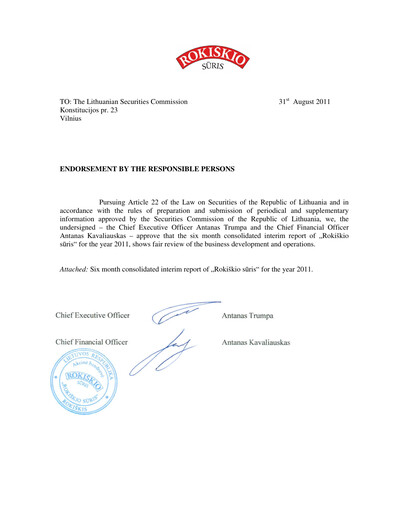 Thumbnail Rokiskio Suris AB Half-year Report 2011-h1