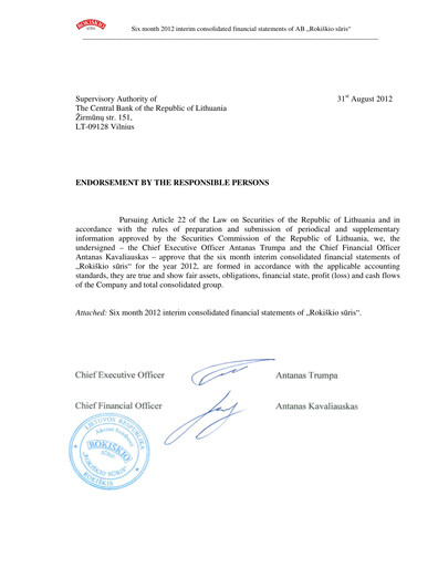 Thumbnail Rokiskio Suris AB Half-year Report 2012-h1