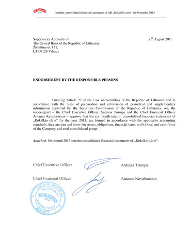 Thumbnail Rokiskio Suris AB Half-year Report 2013-h1