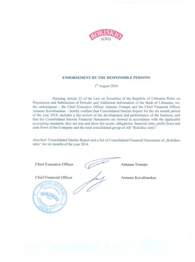 Thumbnail Rokiskio Suris AB Half-year Report 2014-h1