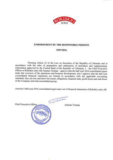 Thumbnail Rokiskio Suris AB Half-year Report 2016-h1