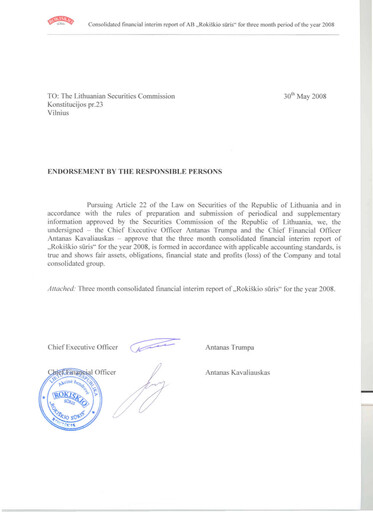 Thumbnail Rokiskio Suris AB Quarterly Report 2008-q1