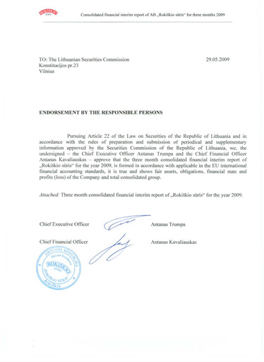 Thumbnail Rokiskio Suris AB Quarterly Report 2009-q1