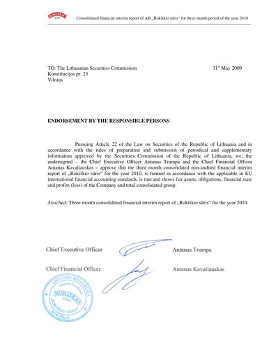 Thumbnail Rokiskio Suris AB Quarterly Report 2010-q1