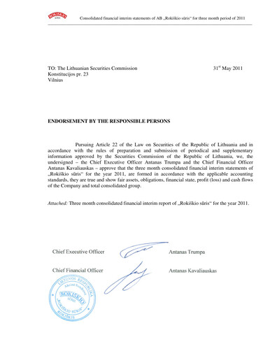 Thumbnail Rokiskio Suris AB Quarterly Report 2011-q1