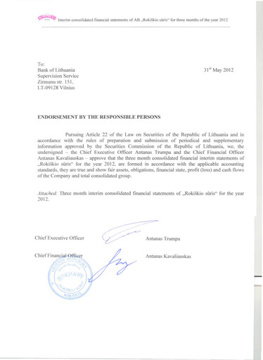 Thumbnail Rokiskio Suris AB Quarterly Report 2012-q1