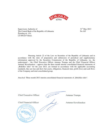 Thumbnail Rokiskio Suris AB Quarterly Report 2013-q1