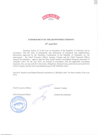 Thumbnail Rokiskio Suris AB Quarterly Report 2014-q1